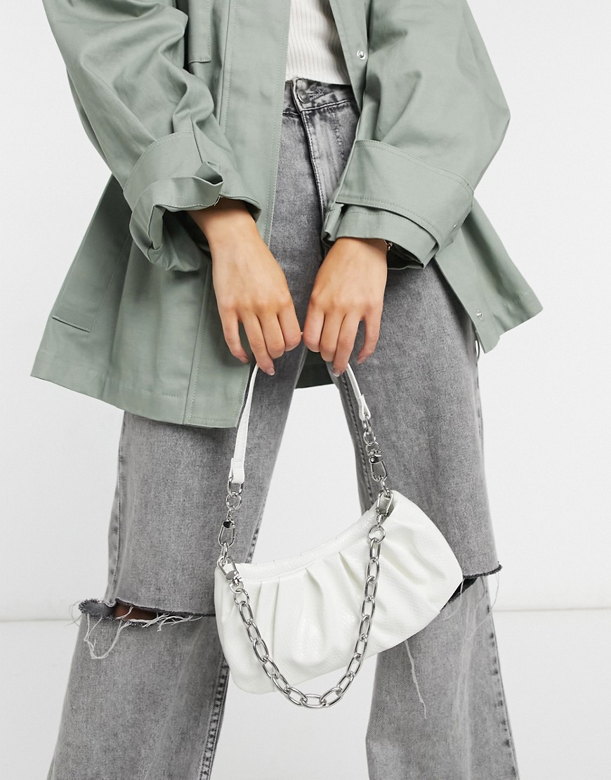 ASOS DESIGN ruched slouchy shoulder bag with detachable chain strap in white snake