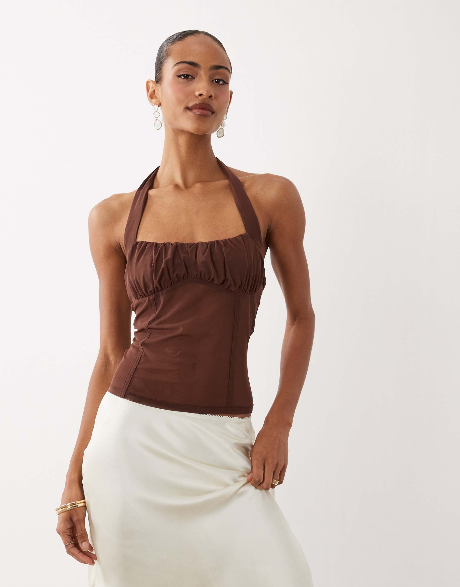 asos design ruched square neck corset look halter top in brown