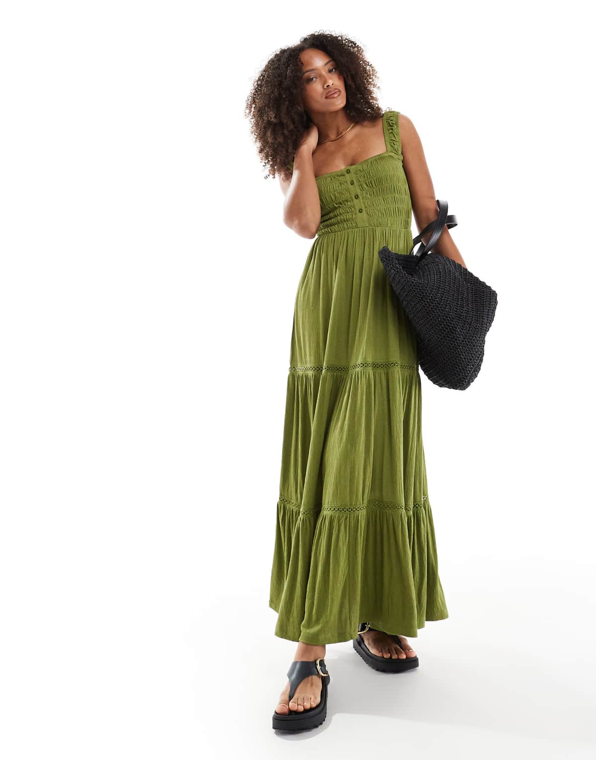 ASOS DESIGN ruched square neck tiered midi dress with lace inserts in olive - MGREEN