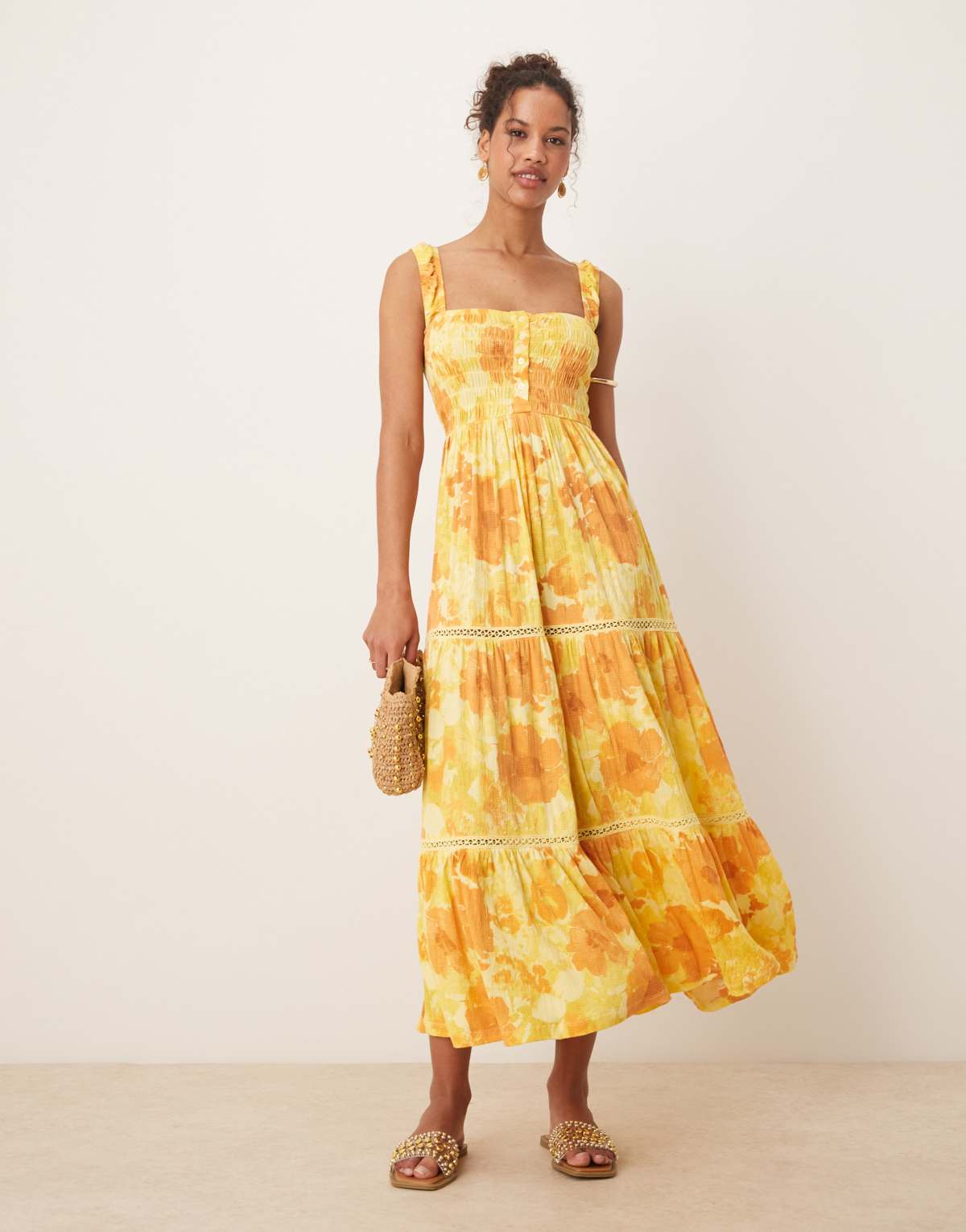ASOS DESIGN ruched square neck tiered midi dress with lace inserts in orange floral - MULTI