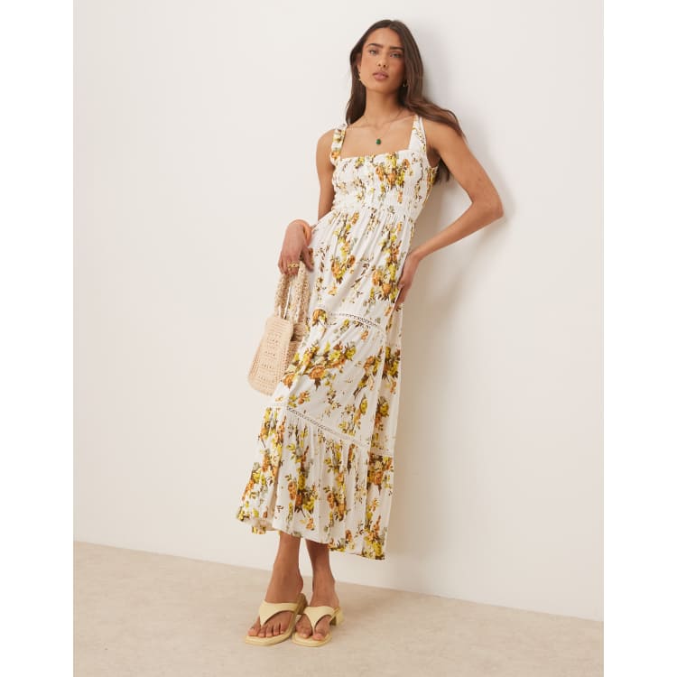 ASOS DESIGN ruched square neck tiered midi dress with lace