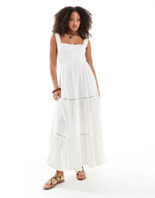 asos design ruched square neck tiered midi dress with lace inserts in white