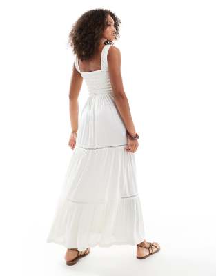 asos design ruched square neck tiered midi dress with lace inserts in white