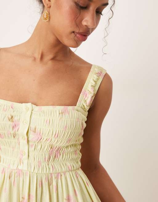 ASOS DESIGN ruched square neck tiered mini dress with lace inserts in green with ditsy floral - MULTI, 4 of 4