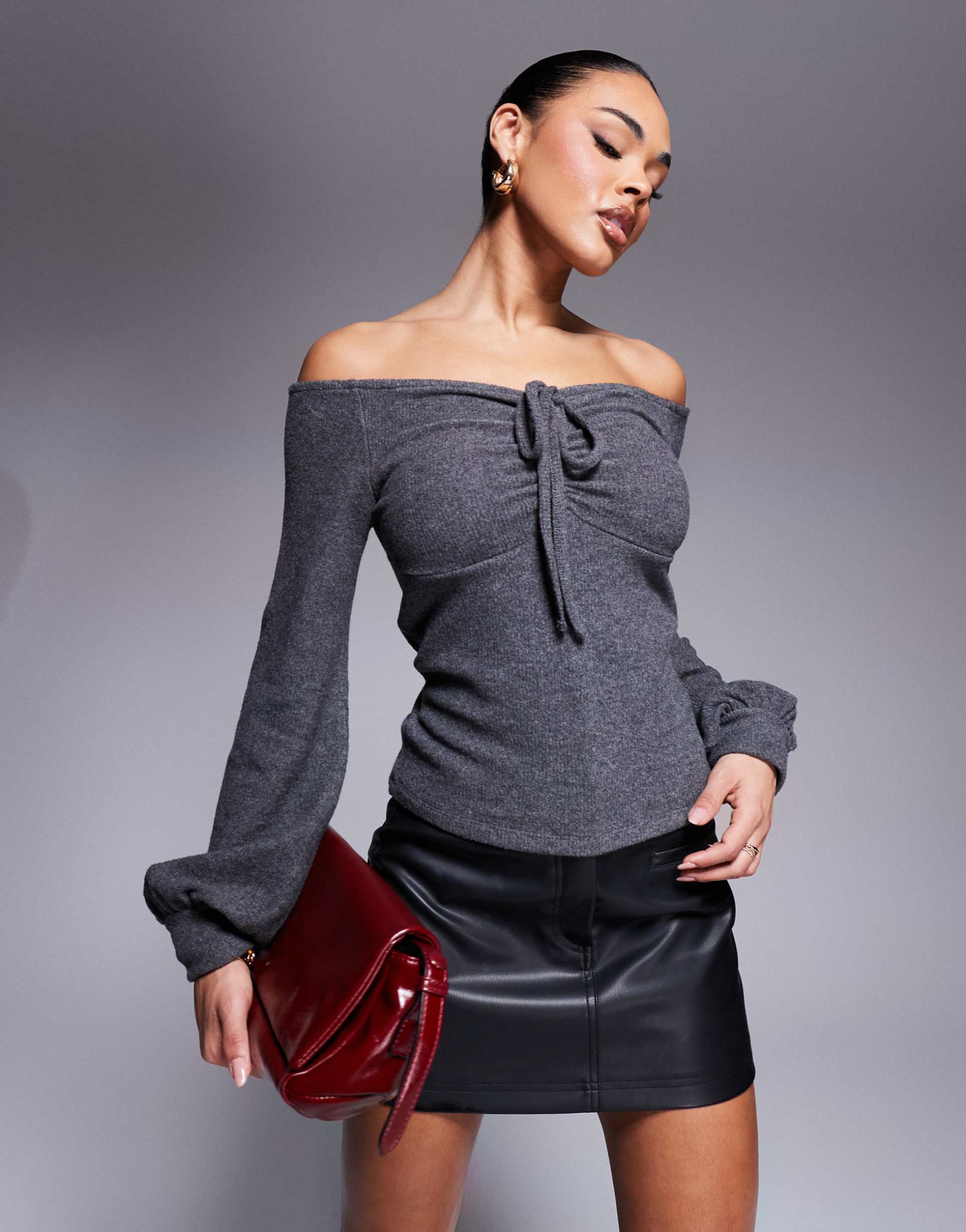 asos design ruched super soft bardot top in gray