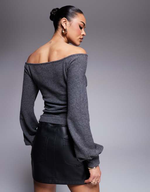 ASOS DESIGN ruched super soft bardot top in gray