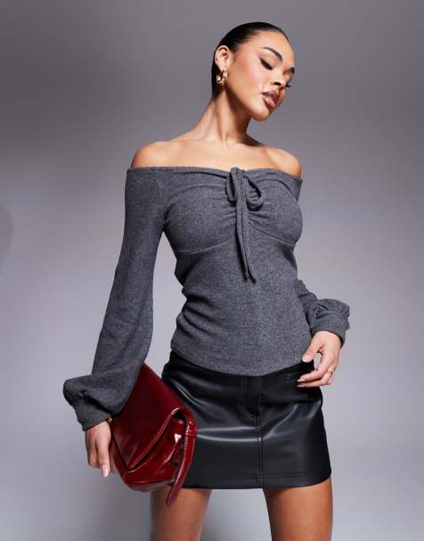 ASOS DESIGN ruched super soft bardot top in grey - view 1