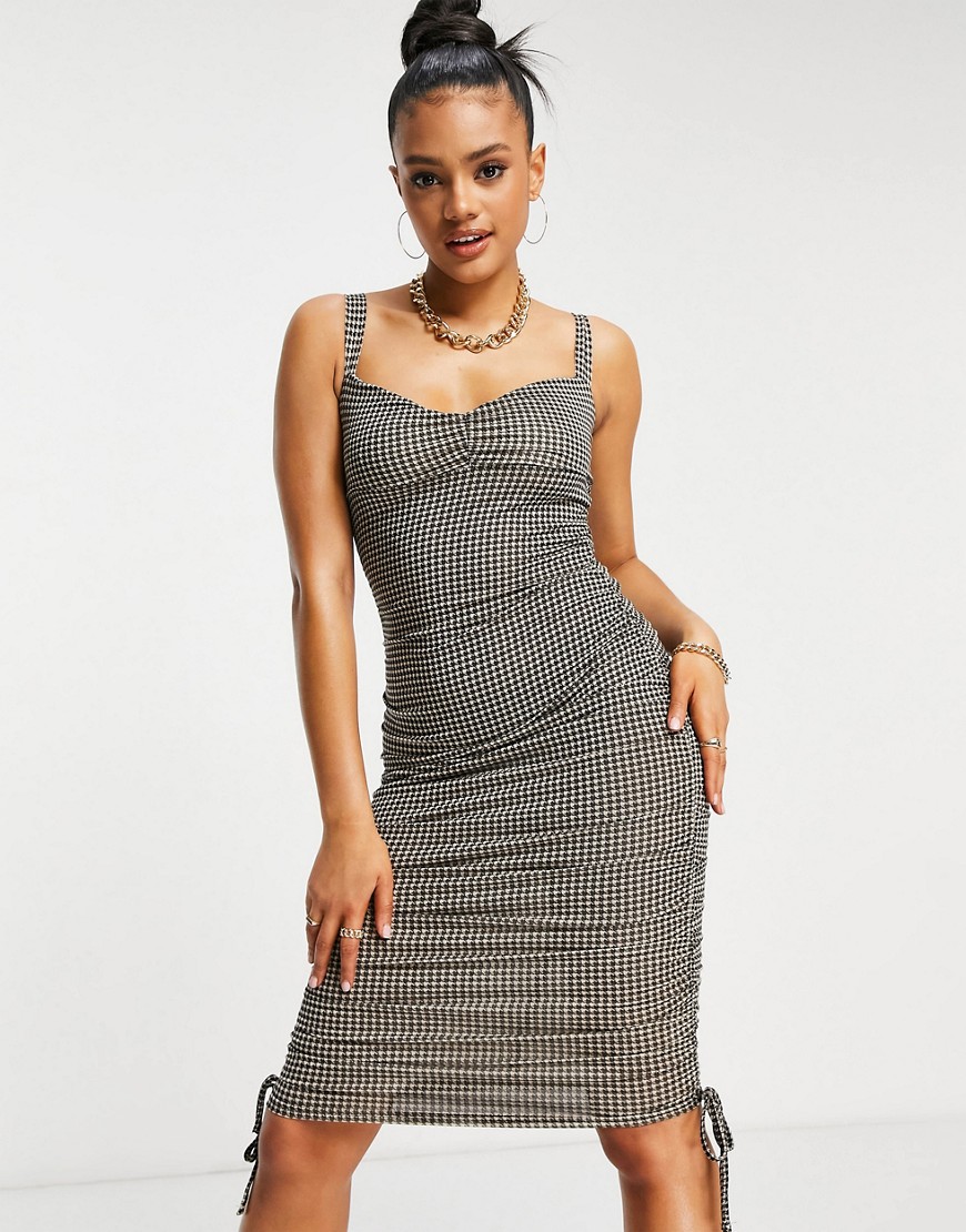 ASOS DESIGN ruched sweetheart body-conscious midi dress in houndstooth print-Multi