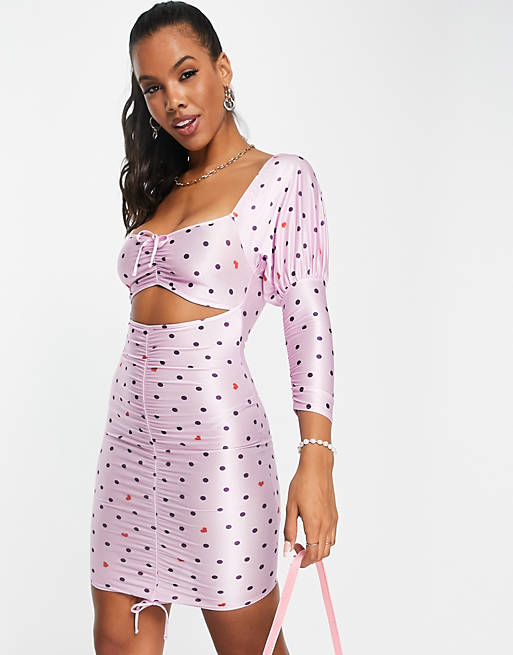 Dresses ruched sweetheart bodycon mini dress in spot and heart print 