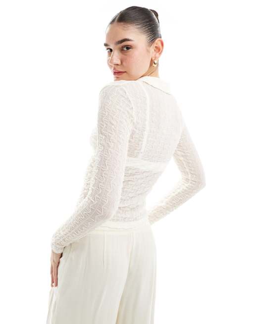 ASOS DESIGN ruched textured mesh shirt in white ASOS