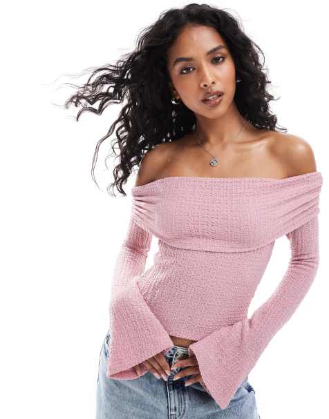 ASOS DESIGN ruched textured off the shoulder top with angel sleeves in pink - view 1