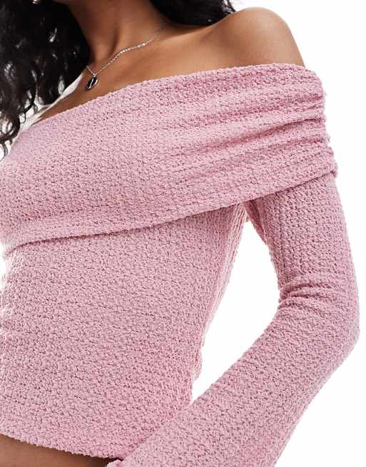 ASOS DESIGN ruched textured off the shoulder top with angel ASOS DESIGN ruched textured off the shoulder top with angel