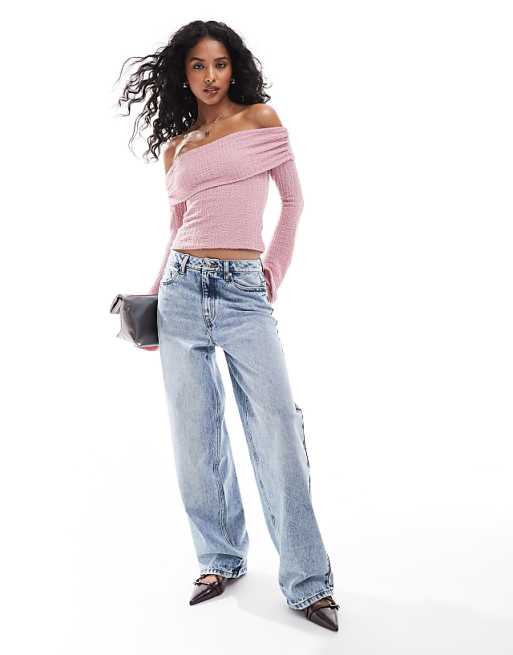 ASOS DESIGN ruched textured off the shoulder top with angel ASOS DESIGN ruched textured off the shoulder top with angel