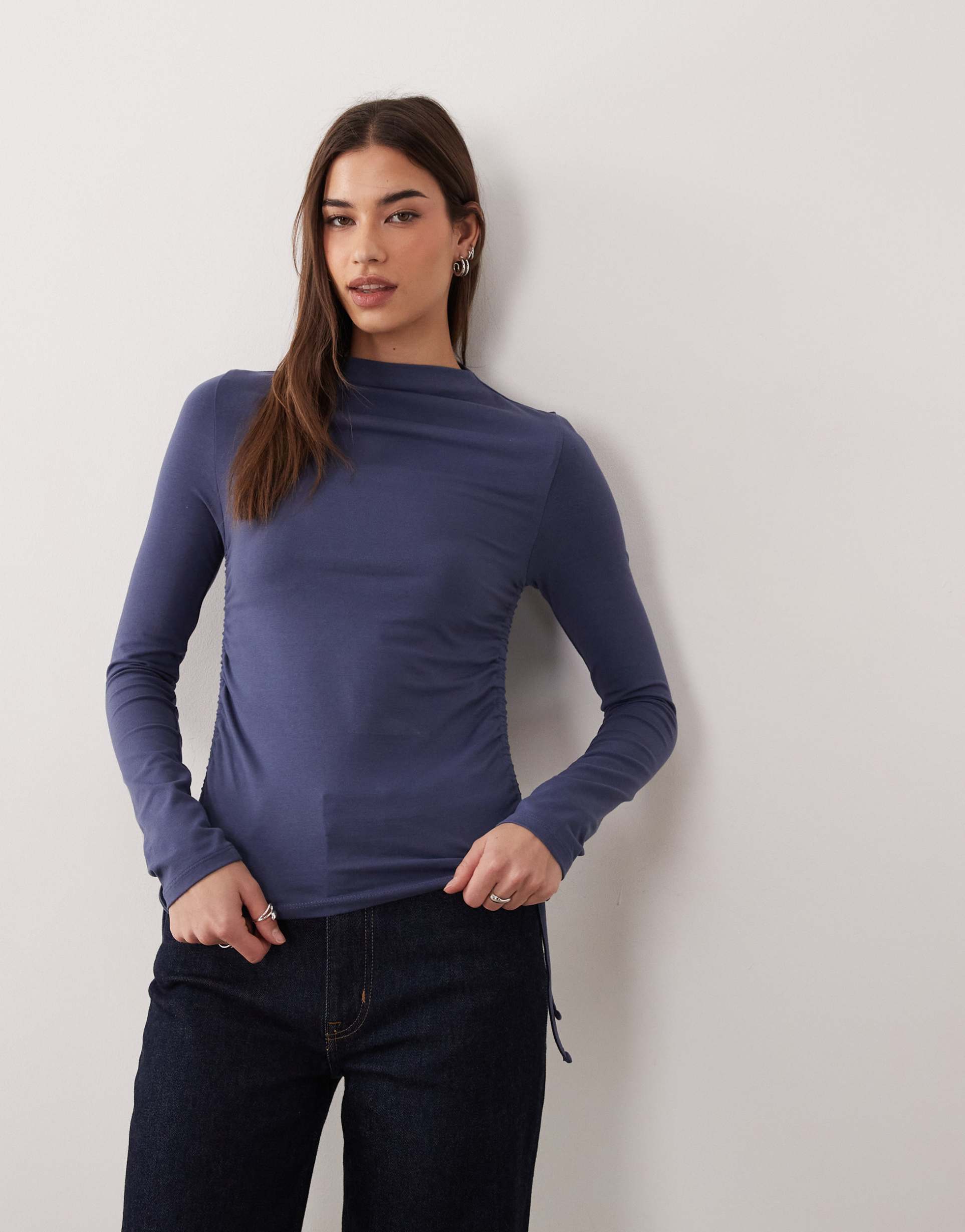 asos design ruched tie side detailing high neck long sleeve top in navy