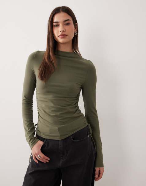 ASOS DESIGN ruched tie side detailing high neck long sleeve top in olive - view 1
