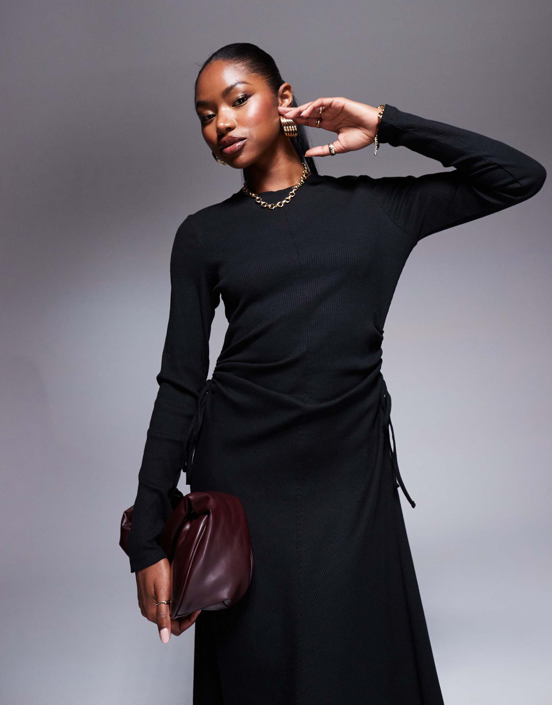 asos design ruched tie side rib midi dress in black