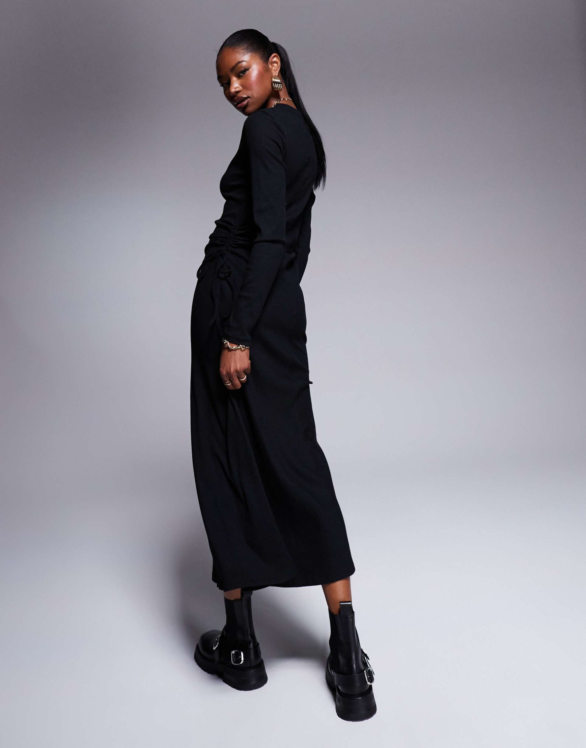 asos design ruched tie side rib midi dress in black