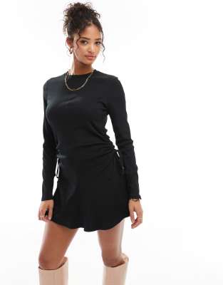 ASOS DESIGN ruched tie side rib mini dress in black