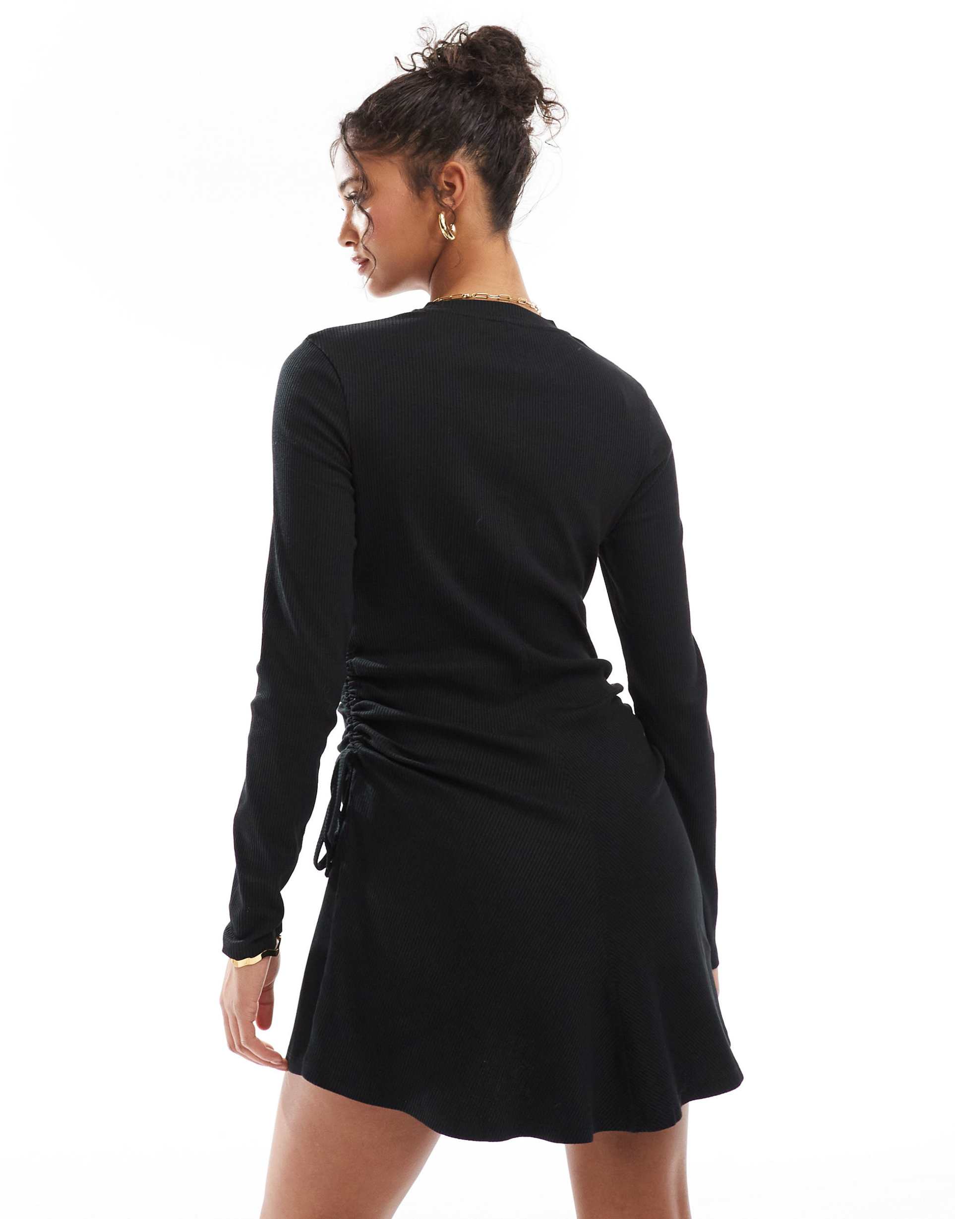 asos design ruched tie side rib mini dress in black