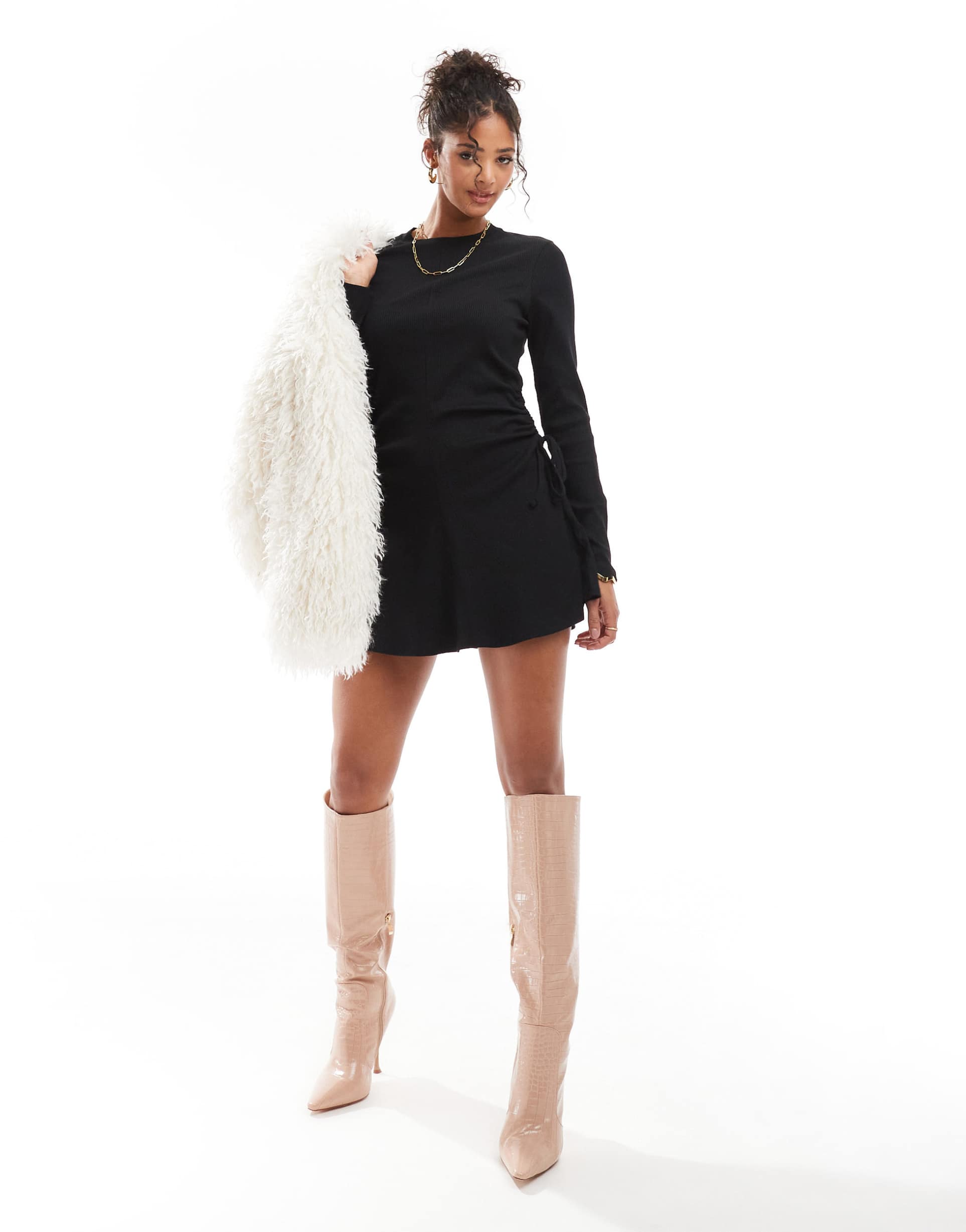 asos design ruched tie side rib mini dress in black