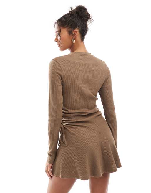 ASOS DESIGN ruched tie side rib mini dress in brown