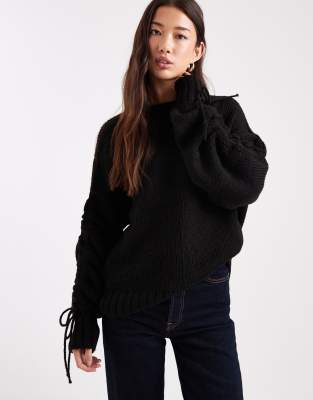 Asos Design Ruched Tie Sleeve Sweater In Black
