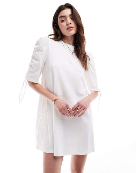 ASOS DESIGN ruched tie sleeve t-shirt mini dress in white - view 1