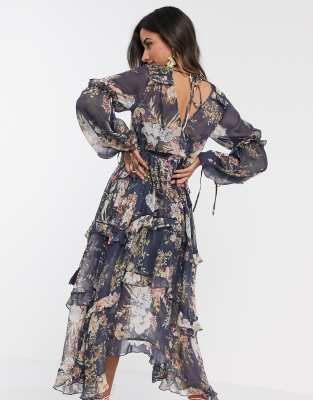 tiered floral lace printed chiffon dress
