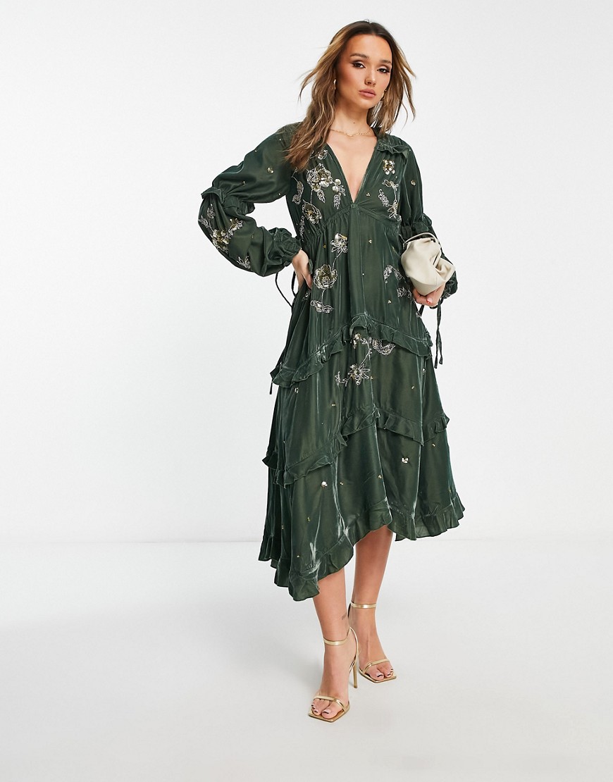 ASOS DESIGN ruched tiered midi dress in velvet with floral embellishment detail in green