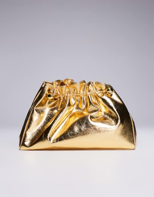 ASOS DESIGN ruched top clutch bag with ball detail in gold