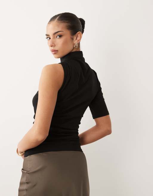 ASOS DESIGN ruched top with asymmetric sleeves in black - BLACK, 4 of 4