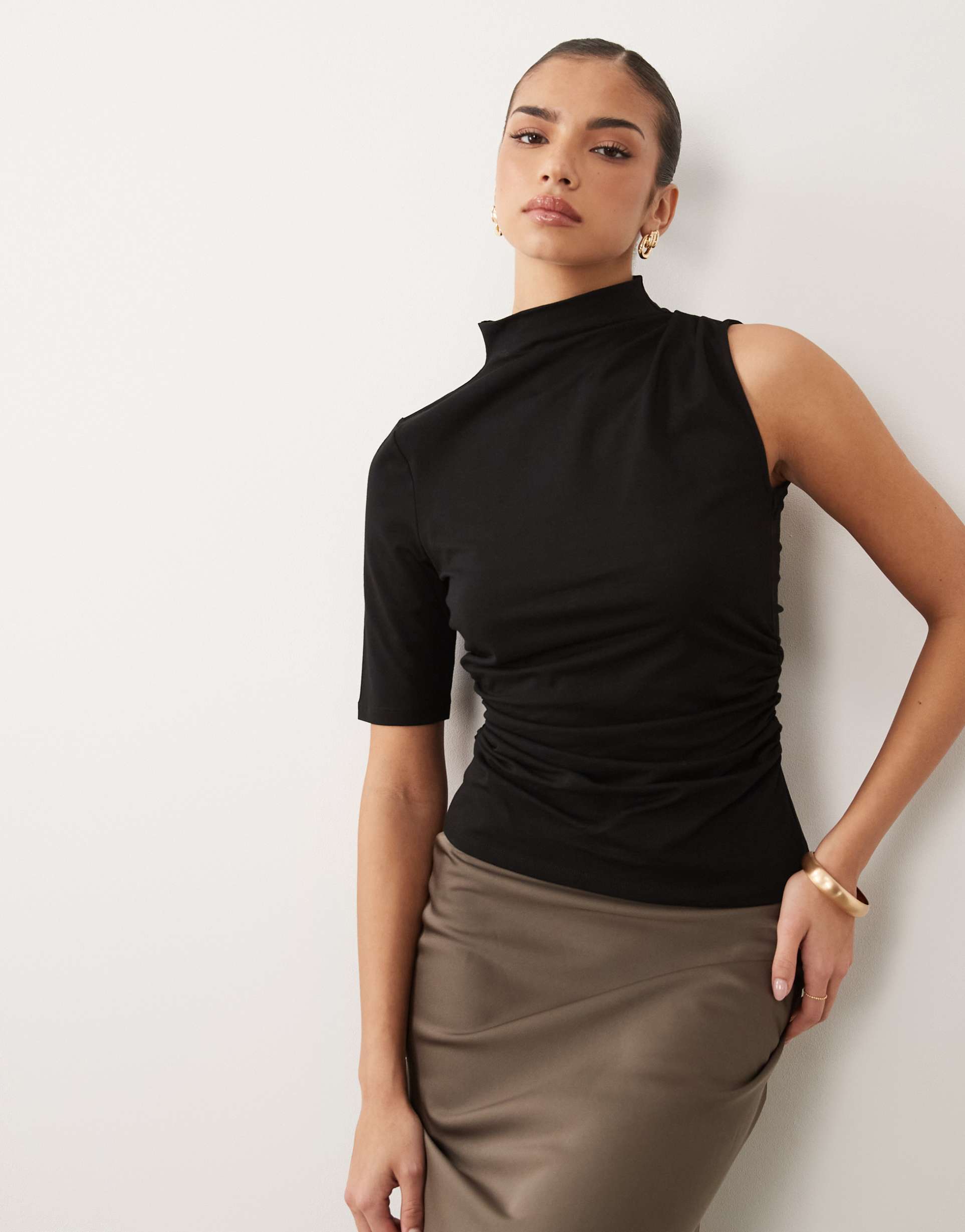 asos design ruched top with asymmetric sleeves in black