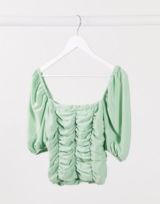 ASOS DESIGN ruched top with puff sleeve in sage green