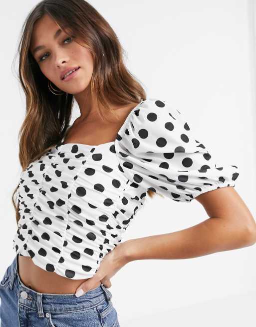 Asos Design Ruched Top With Puff Sleeve In Spot Asos 