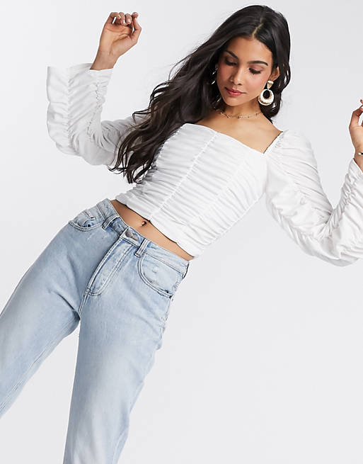 ASOS DESIGN ruched top with ruched sleeves in white