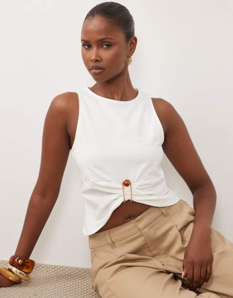 ASOS DESIGN ruched trim front tank top in ivory - view 1