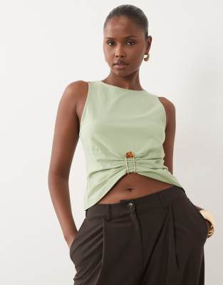 Asos Design Ruched Trim Front Tank Top In Green