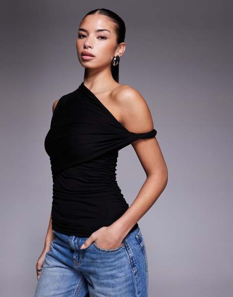 ASOS DESIGN ruched twist side cut away draped top in black
