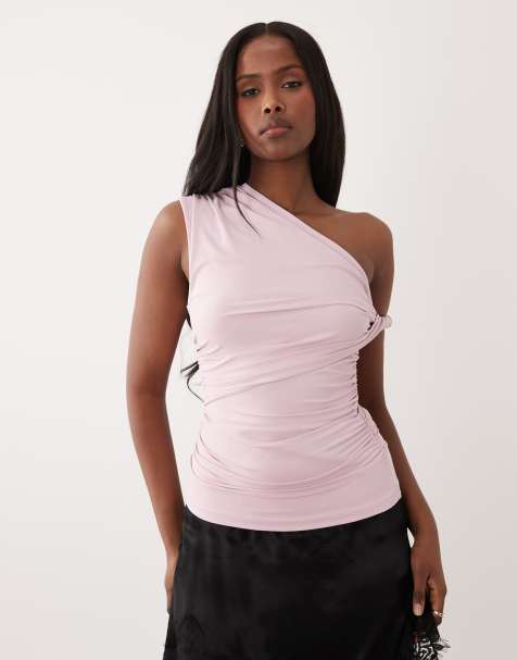 ASOS DESIGN ruched twist-side cutaway draped top in pink - view 1