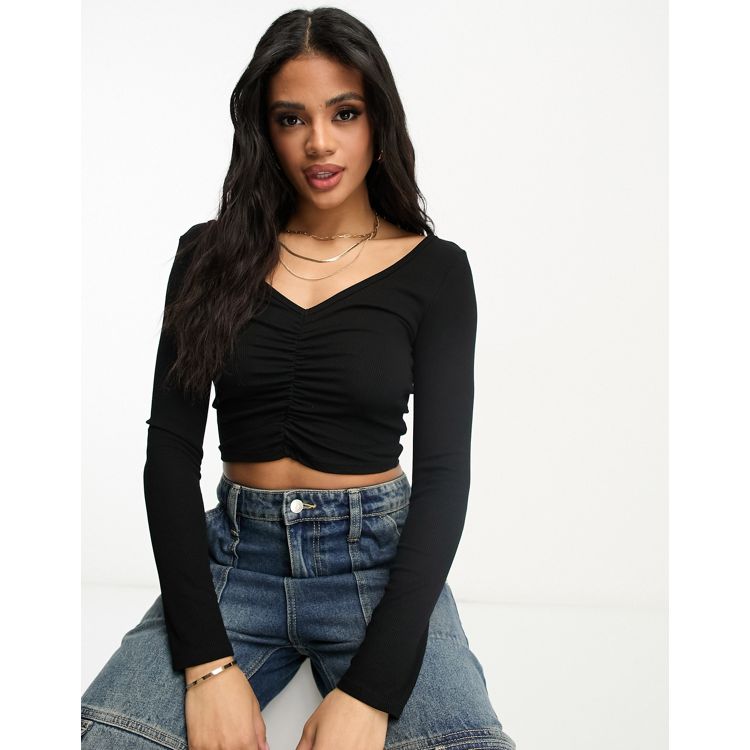 ASOS DESIGN ruched leather look crop top in black