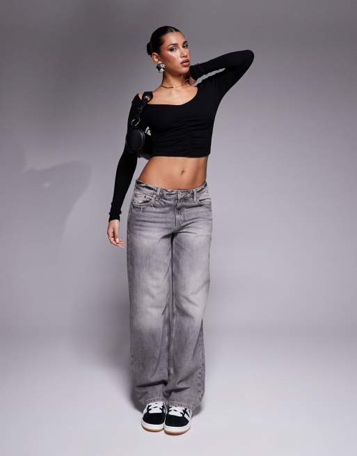 ASOS DESIGN ruched v front and back crop top in black, 2 of 4