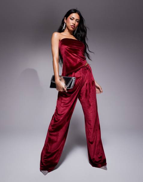 ASOS DESIGN ruched velvet bandeau top and wide leg pants set in burgundy - view 1