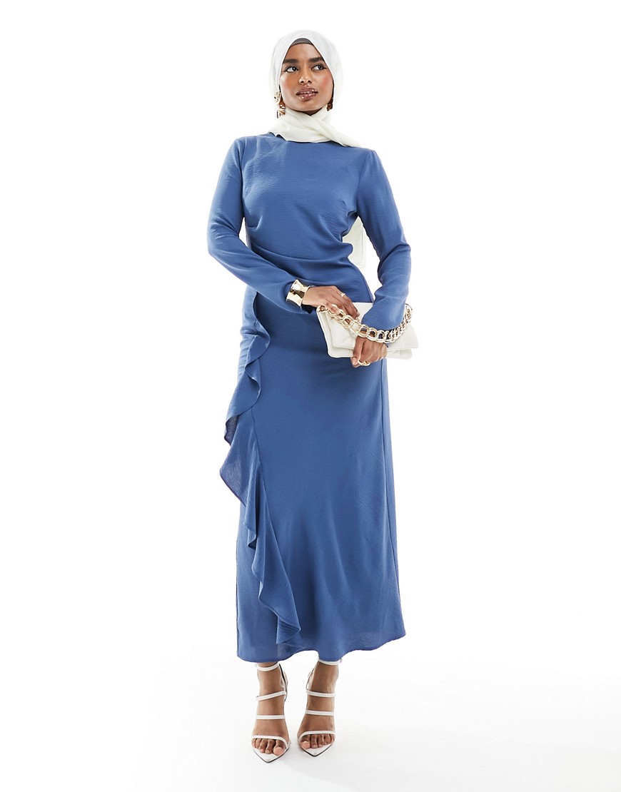 ASOS DESIGN ruched waist asymmetric hem maxi dress in blue