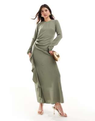 Asos Design Ruched Waist Asymmetric Hem Maxi Dress In Sage Green