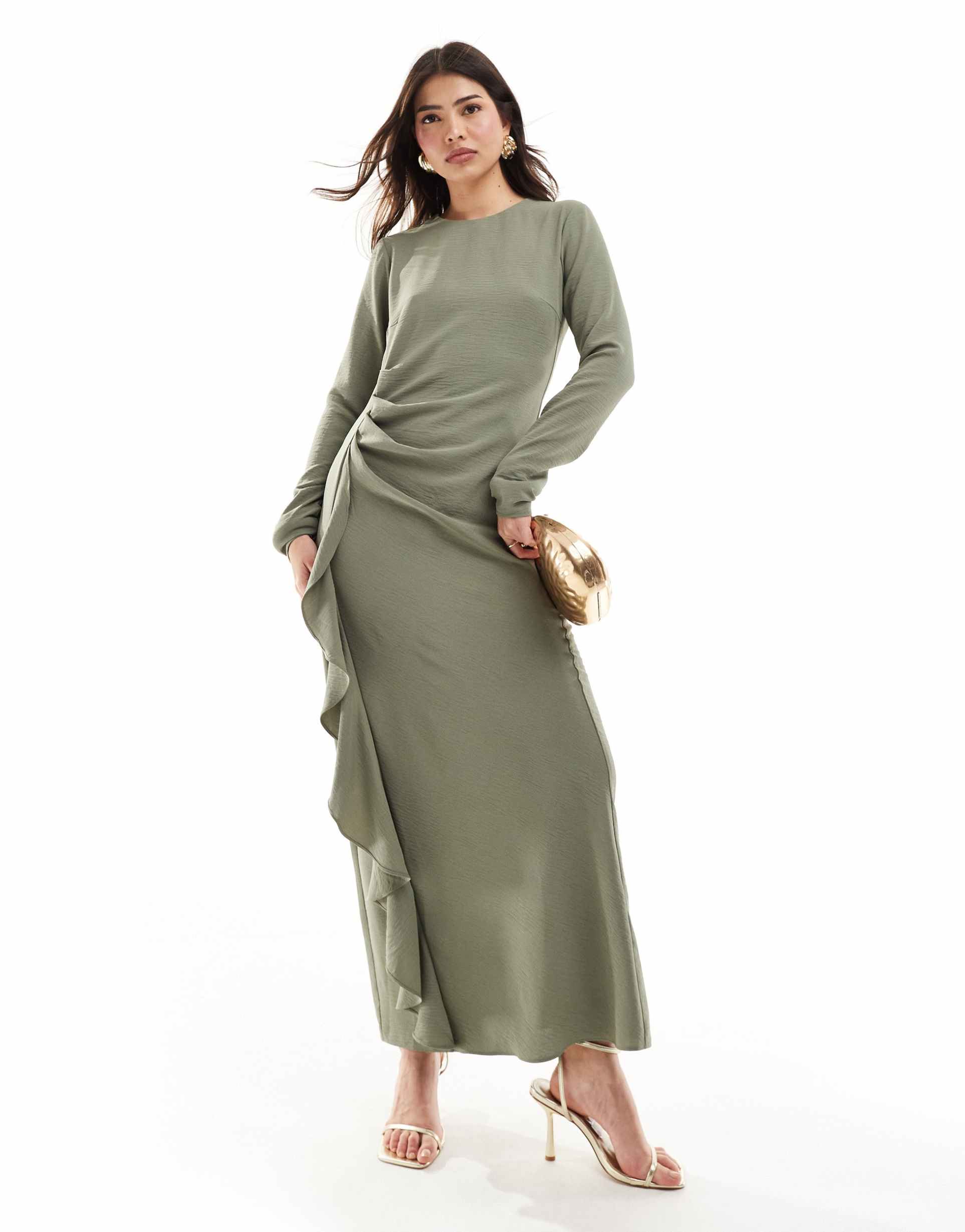 asos design ruched waist asymmetric hem maxi dress in sage green