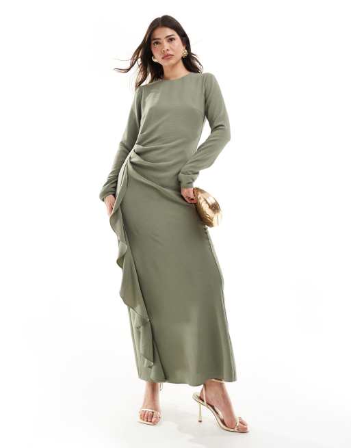 FhyzicsShops DESIGN ruched waist asymmetric hem maxi Rib dress in sage green