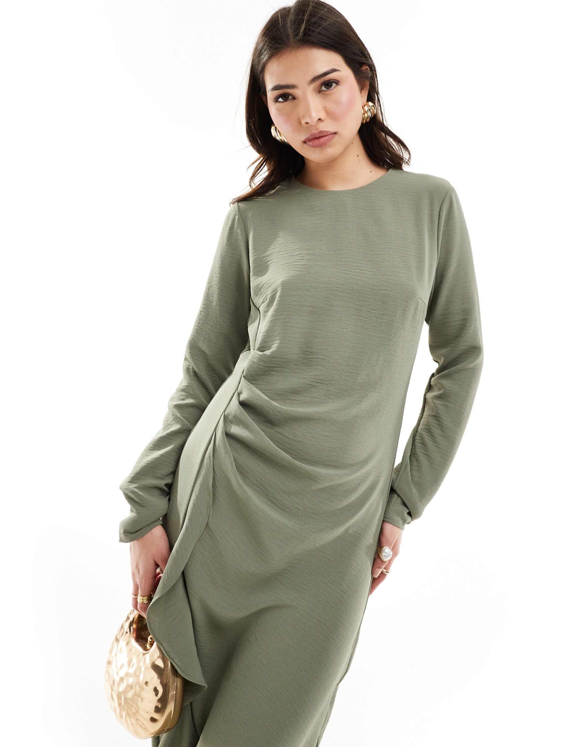 asos design ruched waist asymmetric hem maxi dress in sage green