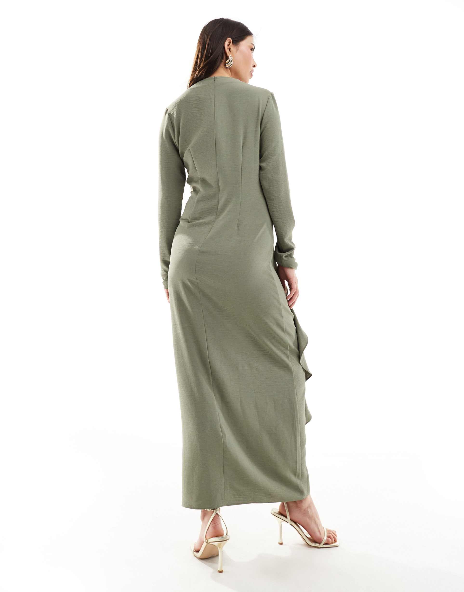 asos design ruched waist asymmetric hem maxi dress in sage green