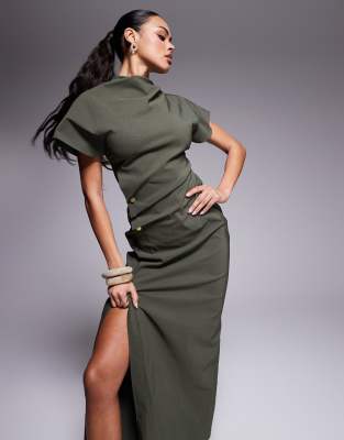 Asos Design Ruched Waist Bengaline Midi Dress In Khaki Green