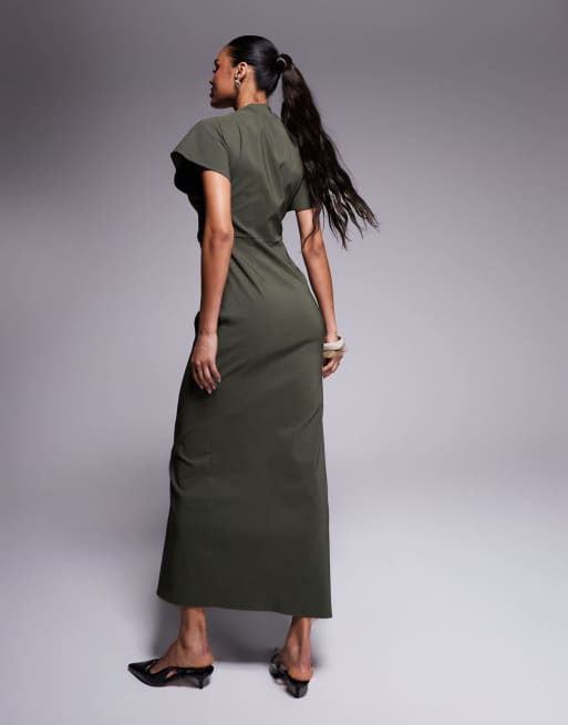 ASOS DESIGN ruched waist bengaline midi dress in khaki green